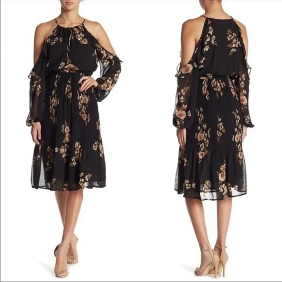 ASTR The Label Black Persephone Floral print Cold Shoulder Midi Dress Size XS - Picture 12 of 12